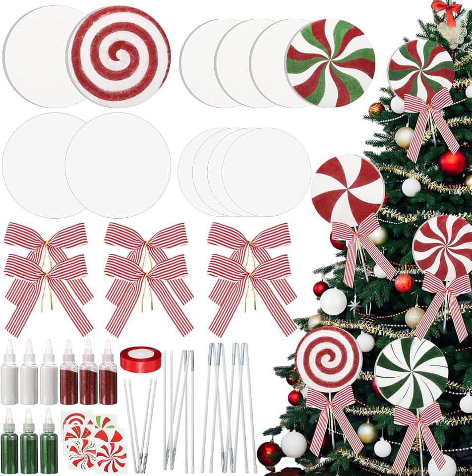 Roowest 34 Pcs Candy Lollipop Christmas Tree Ornament DIY Foam Candy Cane Glitter Peppermint Ornaments for Christmas Tree Lollipop Craft Decoration for Home Xmas Party Supplies