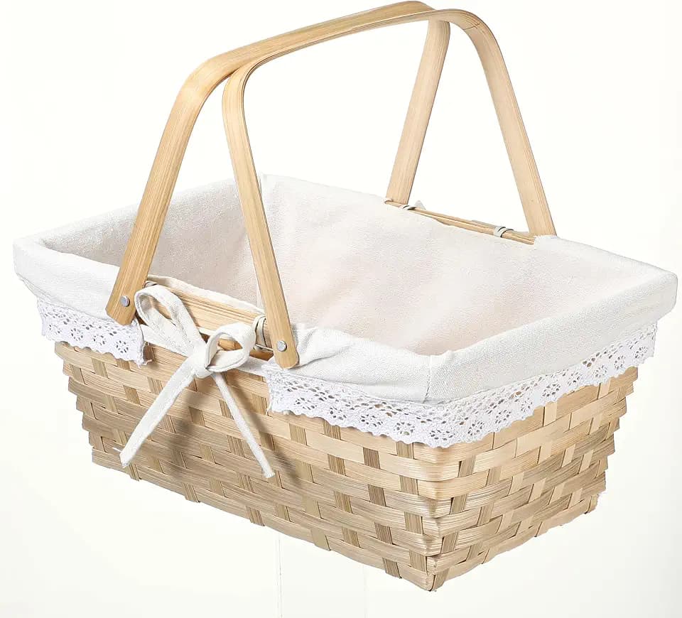 Woven Picnic Basket with White Removable Lace Liner, Foldable Handles