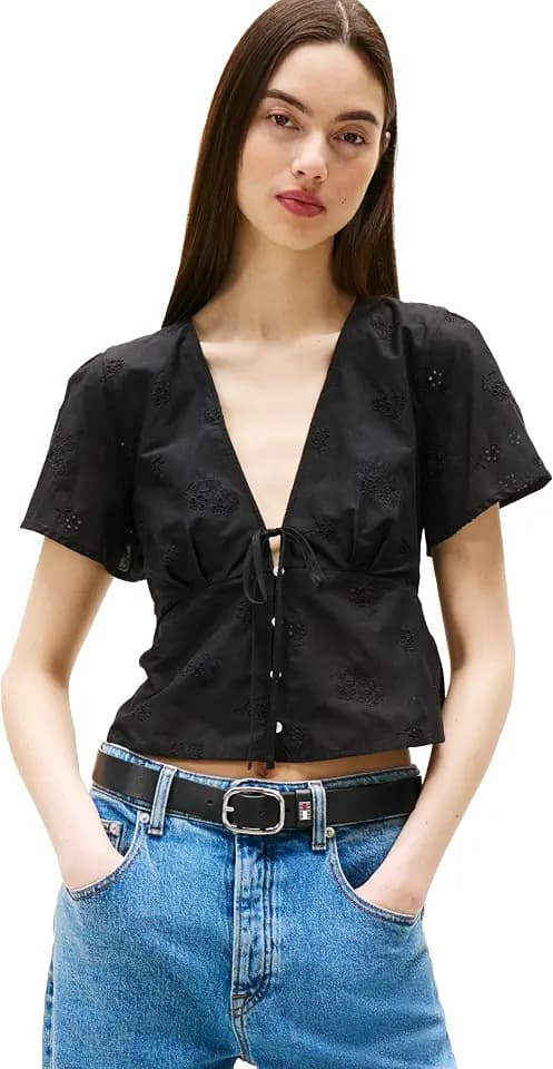 Tommy Jeans Women's Casual Cotton Blouse with Front Tie Eyelet Tops for Women