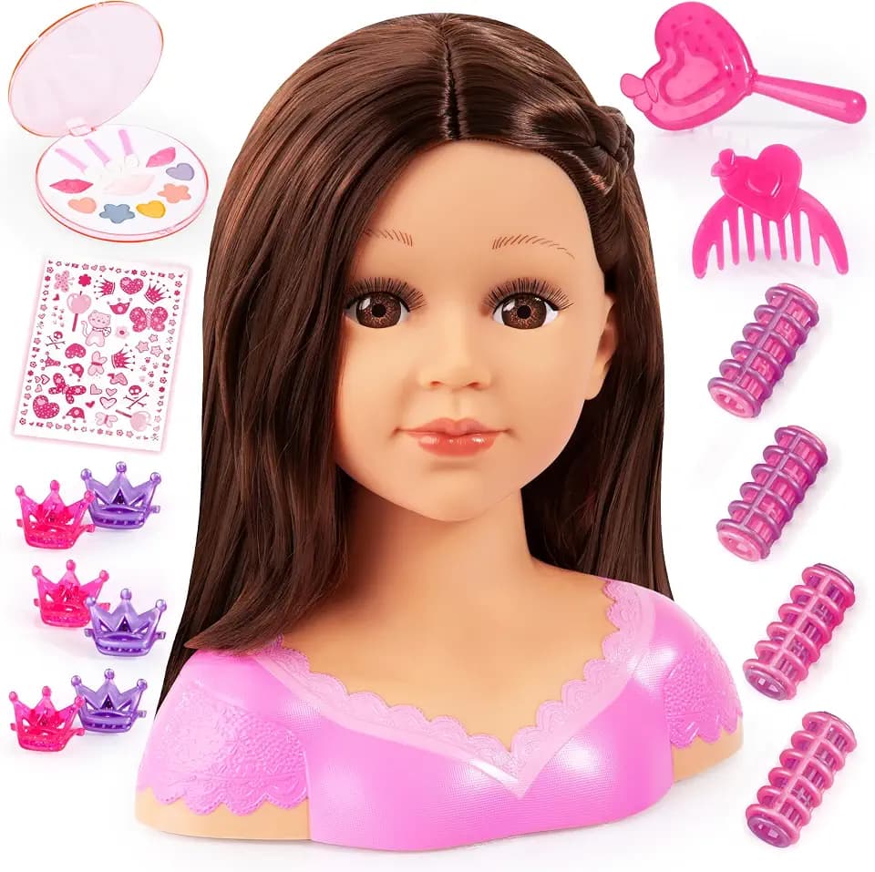 Bayer Design: Charlene Super Model Make Up Head, Brown Hairs, Brunette, Comes with Make-Up and Stickers, Styling Ideas Shown on Showbox, For Ages 3 and up