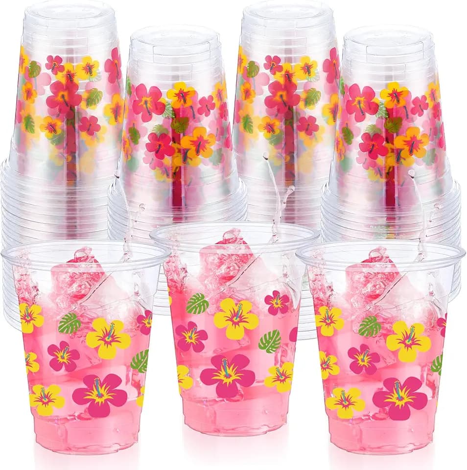 Yaomiao 50 Pcs Aloha Hawaiian Cups 12 Oz Clear Disposable Party Tableware