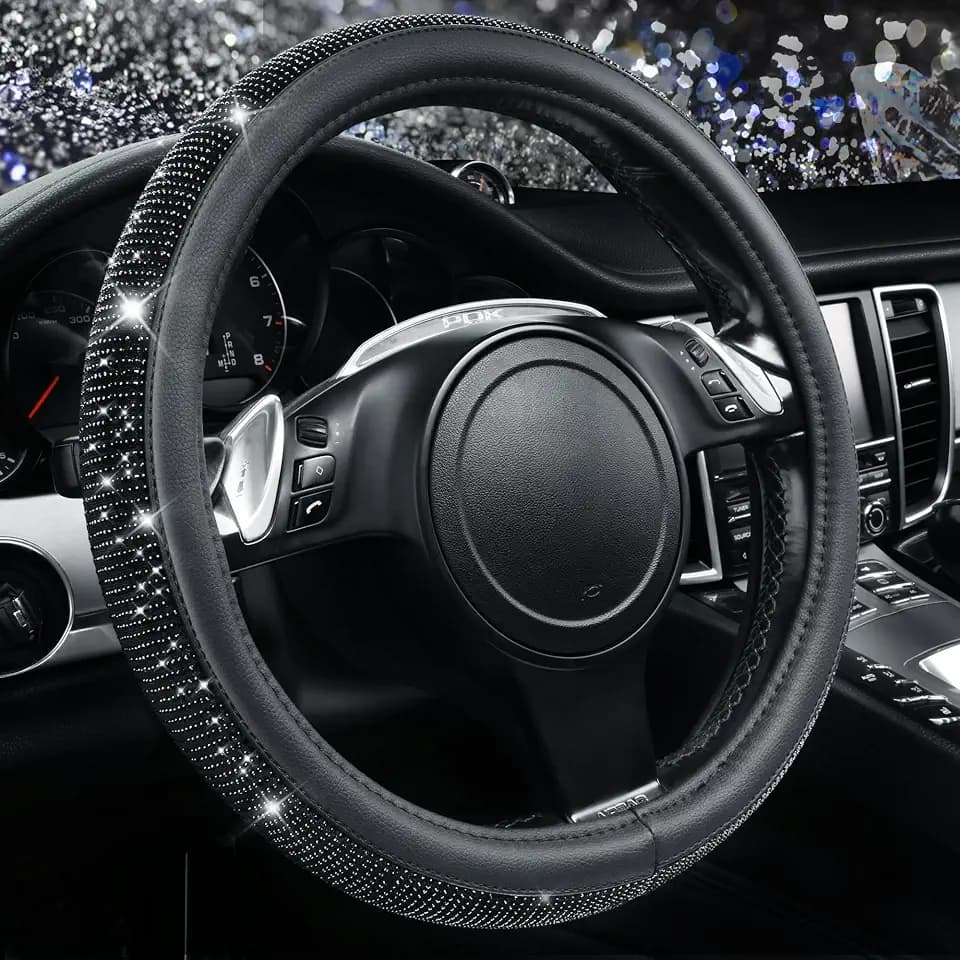 CAR PASS Bling Diamond Leder-Lenkradbezug, mit Glitzernd Kristall Strasssteine, Universal Auto Radschutz für Damen und Herren, passend für SUVs, Vans, Limousinen, LKWs(Schwarz)