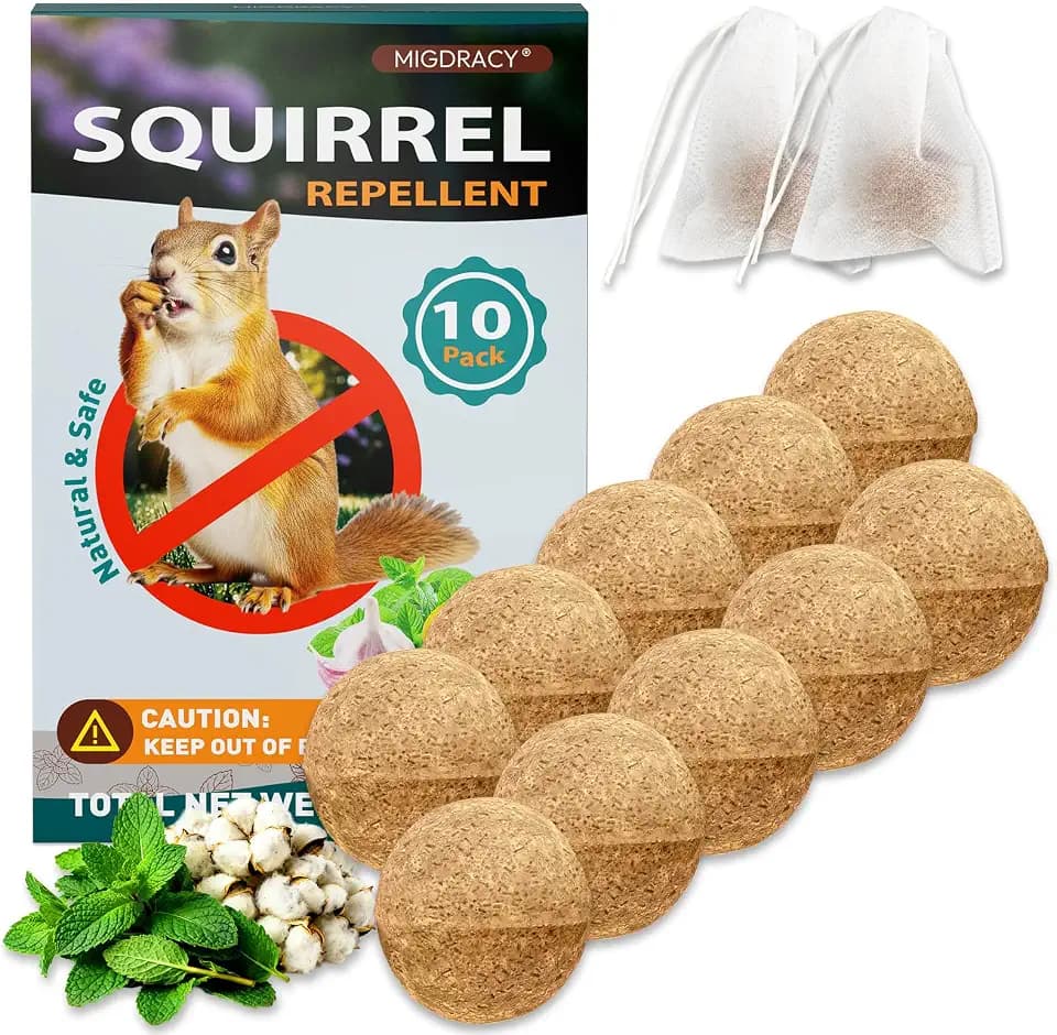 Squirrel Repellent Balls, 10 Pack Natural Plant-Based Formula, Long-Lasting Outdoor Animal Deterrent, Repel Skunk, Chipmunk & Raccoon, Mess-Free for Yard, Garden, Attic & Car Engine