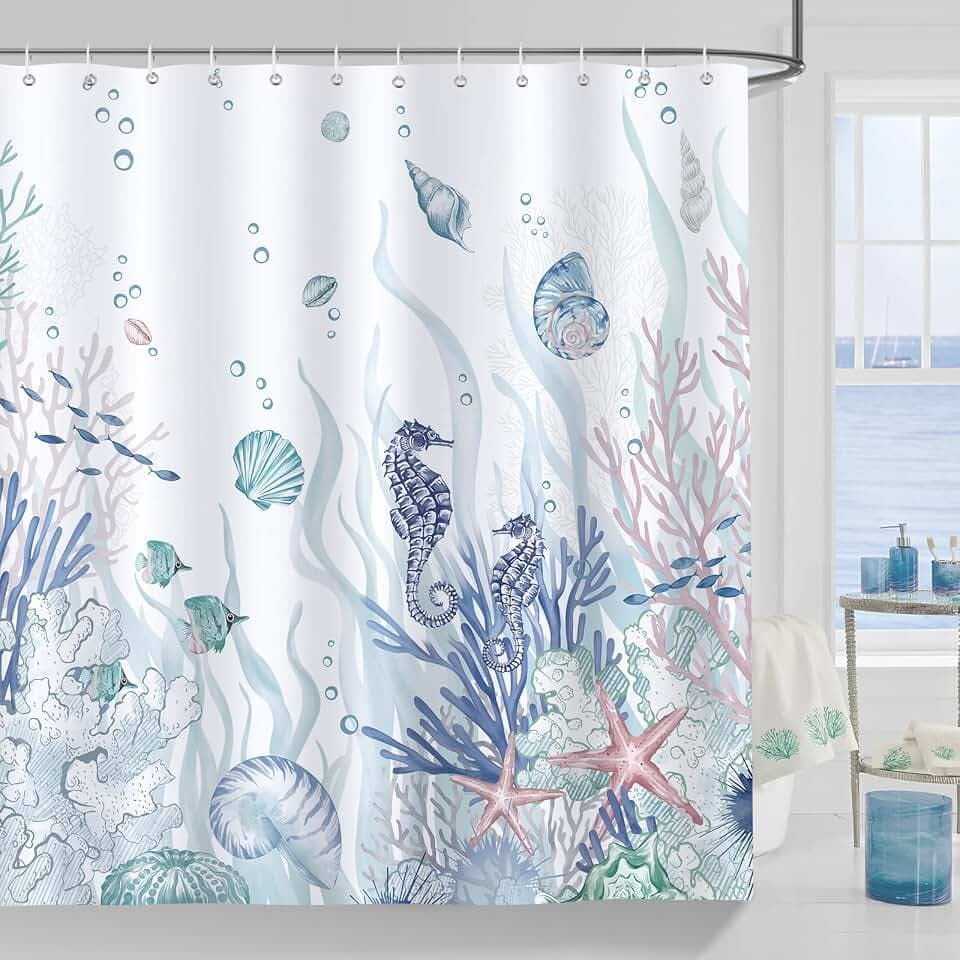 Bonhause Nautische Küste Duschvorhang Koralle Seepferdchen Strand Ozean Blau Badezimmer Vorhang 180x180cm Wasserdicht Schimmel & Schimmelresistent Polyestergewebe Bad Vorhang mit 12 Haken