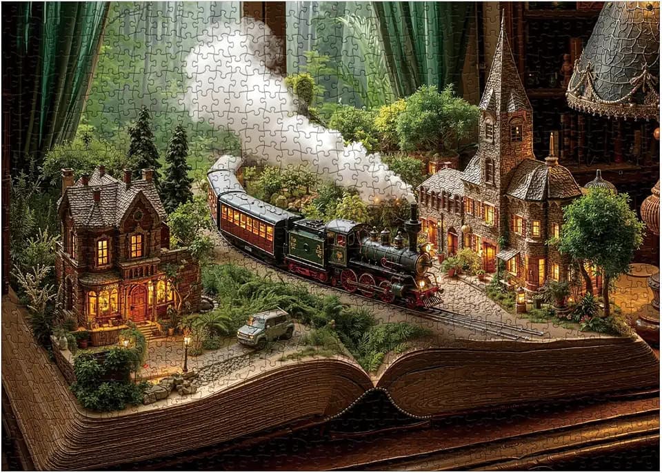 Magic Train Books Puzzles for Adults 1000 Pieces, Vintage Forest House Jigsaw Puzzle, Challenging Landscape Art Puzzles