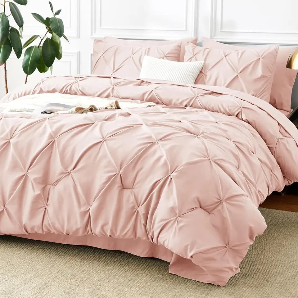 CozyLux King Size Comforter Set Peach Pink, 7 Pieces Pintuck Bed in a Bag