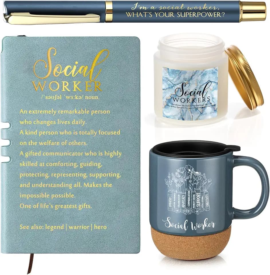 Baderke 4 Pcs Social Worker Gifts for Women Appreciation Graduation Set in Morandi Sky Blue 15 Oz Mug Notebook Pen Candle for BSW MSW DSW Office Desk