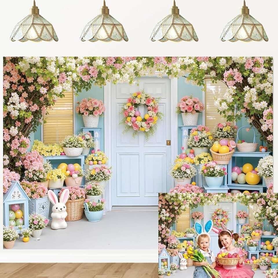 Fotohintergrund für Frühling/Ostern, rosa Blume, buntes Ei, Hase, Foto-Hintergrund, Oster-Party-Dekoration, Foto-Requisiten (240 x 180 cm)