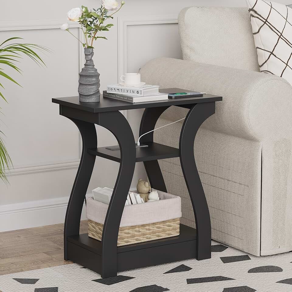 FROMJBEST End Tables Living Room with Charging Station, Black Side Tble