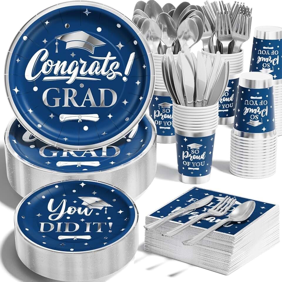 Graduation Decoration Class of 2026, 350PCS Graduation Party Supplies for College High School Disposable Dinnerware(Serve 50) with Paper Plates Cup Napkin Fork Knife Spoon (Navy Blue & Silver)