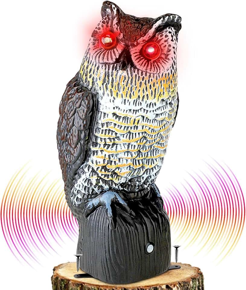 Fake Owl Decoys to Scare Birds Away, Plastic Owl Bird Deterrents with Flashing Eyes&Frightening Sound, Bird Scarecrow Nature Enemy Horned Pest Repellent for Outdoor Garden Yard