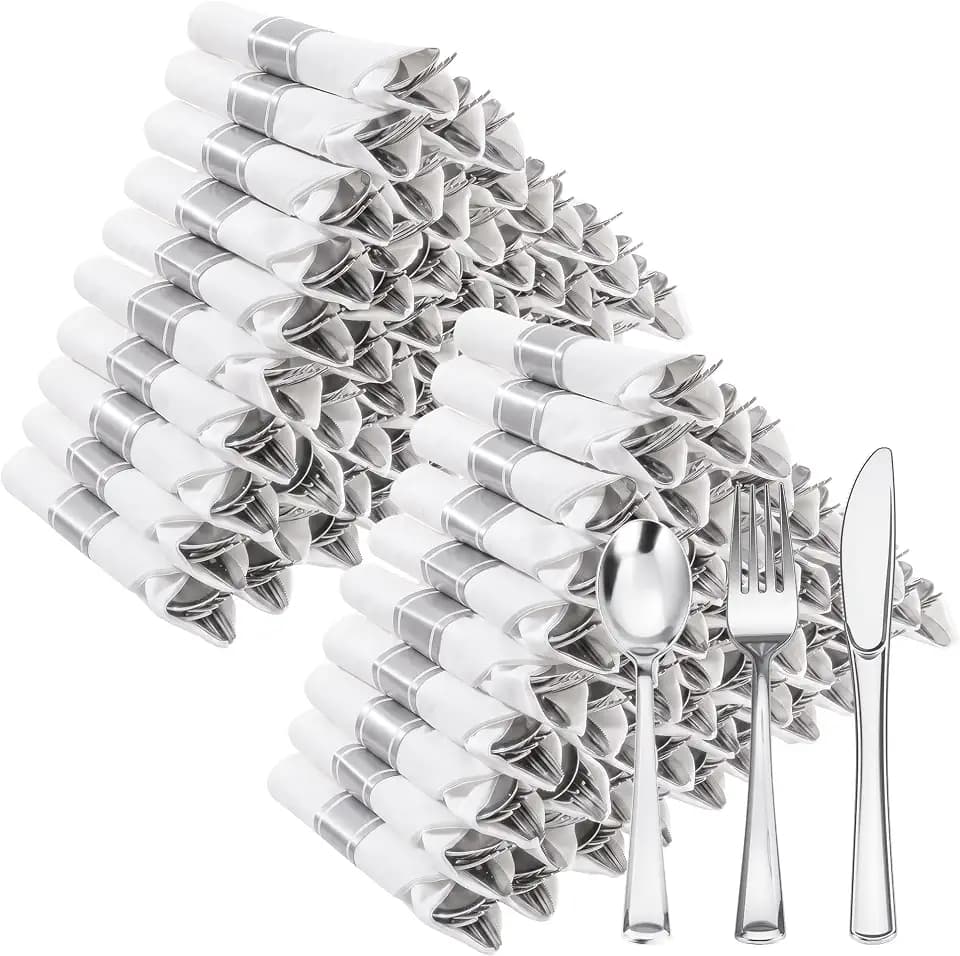 Goodluck 100 Pack Pre Rolled Silver Plastic Silverware, Wrapped Cutlery