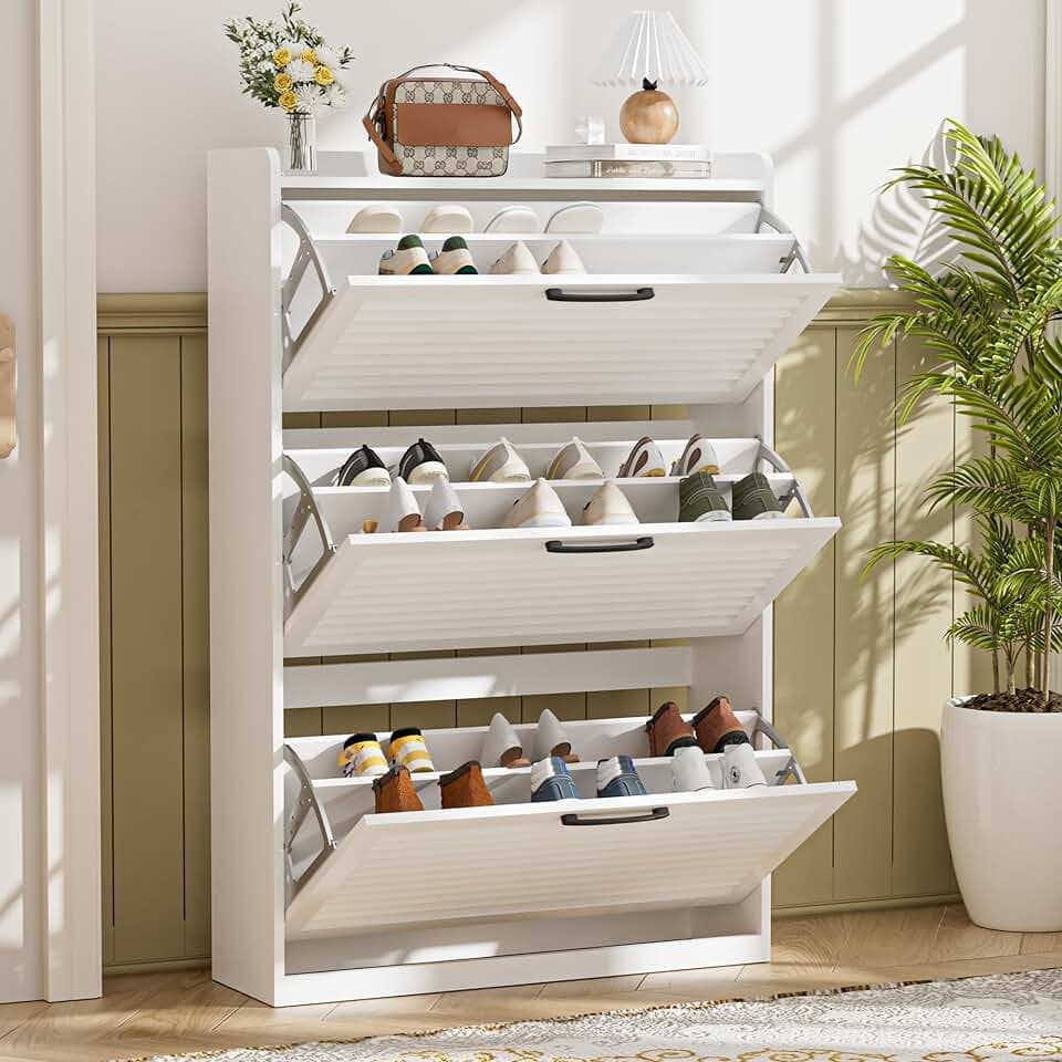 Schuhschrank Schmal, Schuhkipper mit Lamellentür, Schuhregal mit 3 Klappen