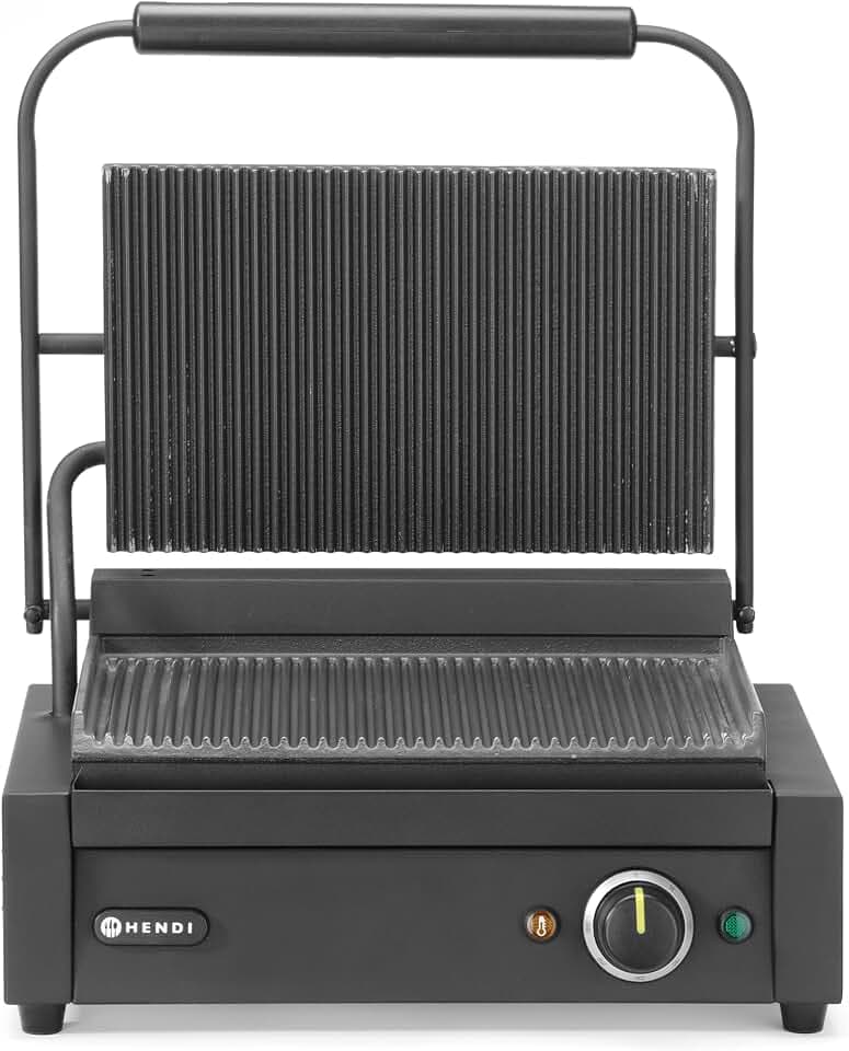 HENDI Kontaktgrill, Panini, gerillte Ausführung, inkl. Grillreinigungsbürste, Temperatur bis 300°C regelbar, Grillfläche 340x235mm, Elektrogrill, 230V/2200W, 430x375x(H)216mm, Edelstahl, schwarz