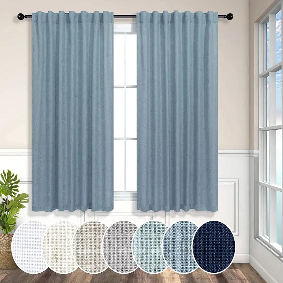 Country Blue Curtains 54 Inch Length for Bathroom 2 Panels Pocket Tab Loops Light Reducing Semi Privacy Energy Efficient Linen Sheer Vintage Blue Curtains for Boys Bedroom Chambray Blue Dusty