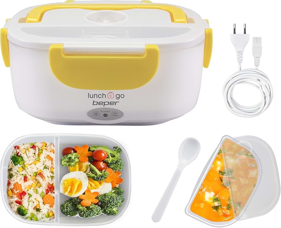 Beper Lunch & Go - Wärmende Lunchbox, tragbarer elektrischer Speisenwärmer, 2 herausnehmbare Behälter, Stahlheizplatte, mitgeliefertes Plastikbesteck, 220 V - Gelb