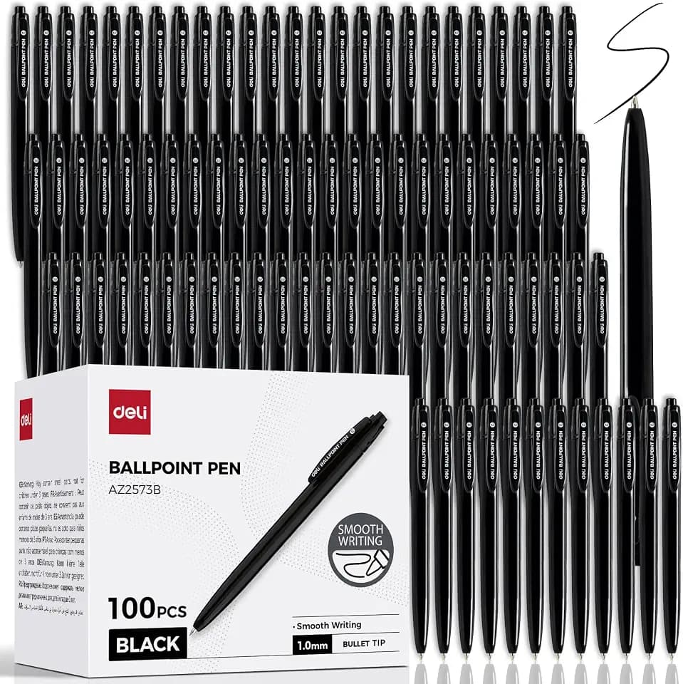 deli Pens Bulk, 100 Pcs Retractable Ballpoint Pens, 1.0MM Black Ink