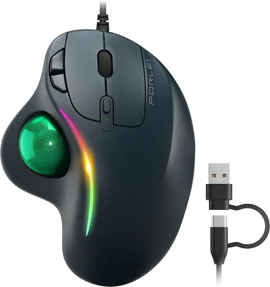Wired Ergonomic Trackball Mouse, 34mm Thumb Control, RGB Lighting