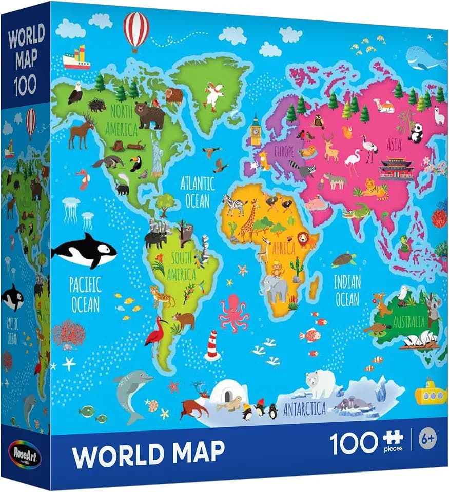 RoseArt Map of The World Puzzle for Kids - 100 Piece Jigsaw Puzzle, 18" x 24" - Educational, Colorful World Map with Animals, Oceans - Made in USA - Learning Toy for Ages 6+
