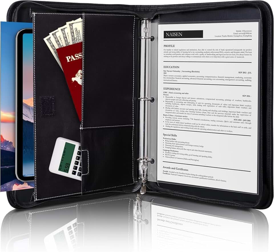 Antner Zipper Portfolio Binder Padfolio 3 Ring Binder 1 Inch Professional Faux Leather Document Organizer Folio for Tablet, Phone, and 8.5x11 Documents, Resumes, Presentation Folders for Men & Women
