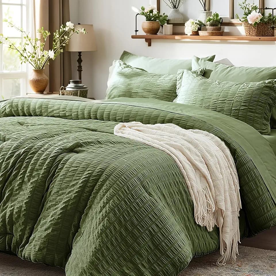 Full Size Comforter Sets 7 Piece, Olive Green Bed in a Bag Full Bedding Set