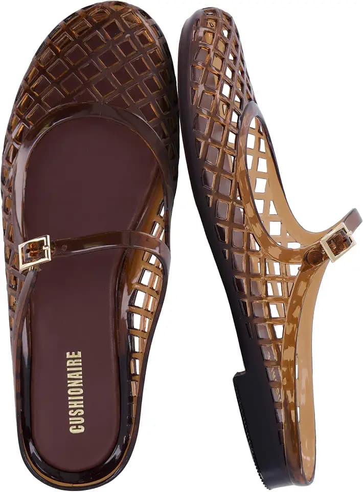 CUSHIONAIRE Java Casual Womens Jelly Flats with Adjustable Strap, Closed Toe Mary Janes Mule Design, Waterproof Jelly Sandals for Women