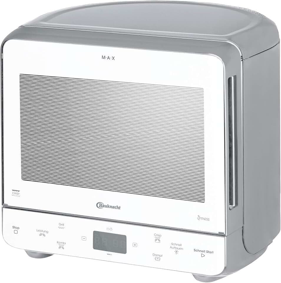 Bauknecht MW 39 WSL / Kombination Grill und Mikrowelle / Crisp Funktion / 700 W / 13 L Garraum / Super-Kompakt Design / Dampfgarfunktion / Schnellauftau-Funktion, Weiß/Silber