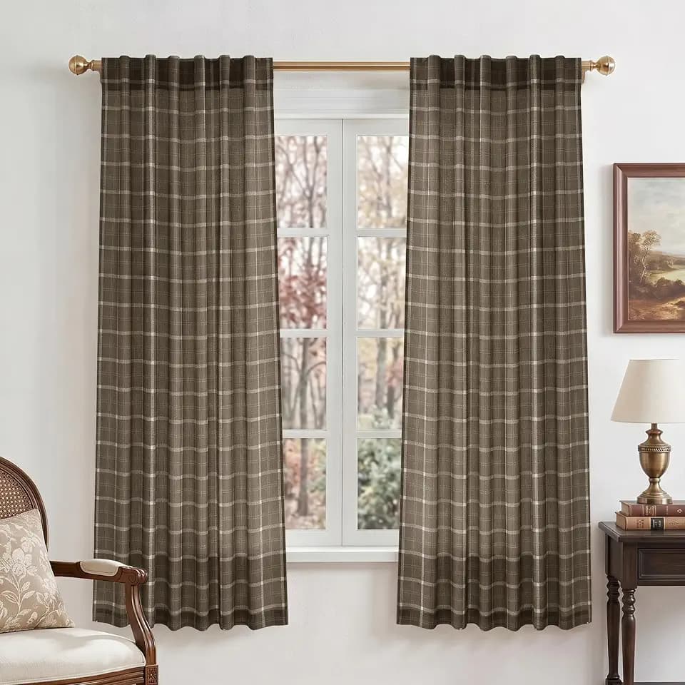 NICETOWN Taupe Plaid Gingham Linen Curtains 63 inches Long for Living Room