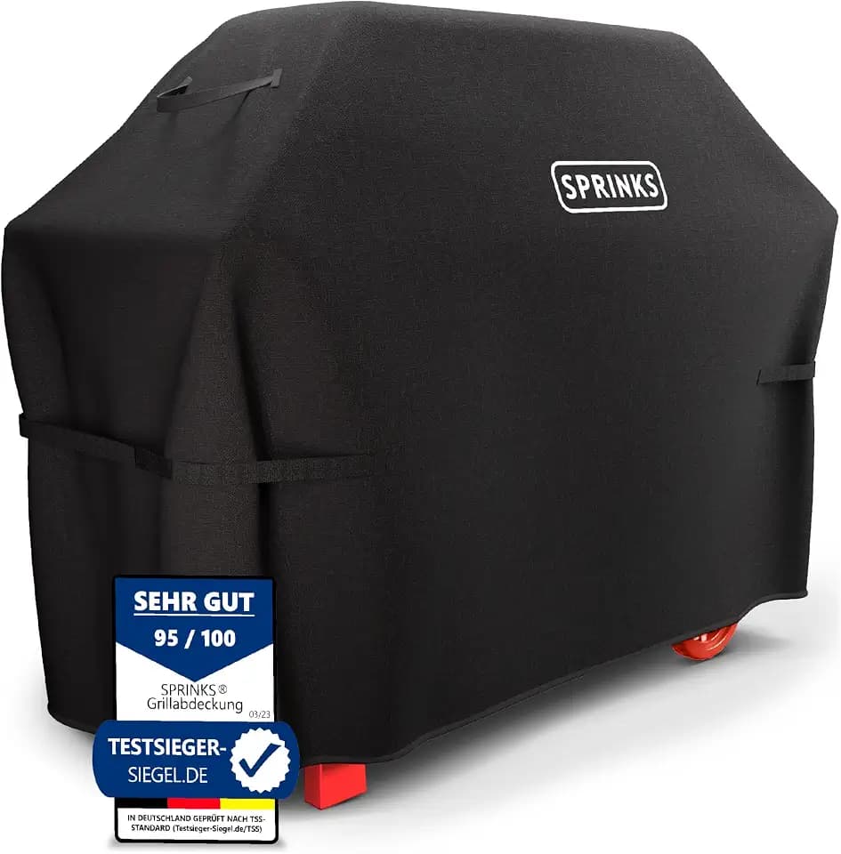 SPRINKS® Grillabdeckung WETTERFEST Grill Abdeckhaube Hochwertige Grill Abdeckung für Weber, Napoleon, Enders - EXTRA Griffen Gasgrill Oxford 600D Gewebe [147x61x122cm] - Grill Cover (Schwarz)