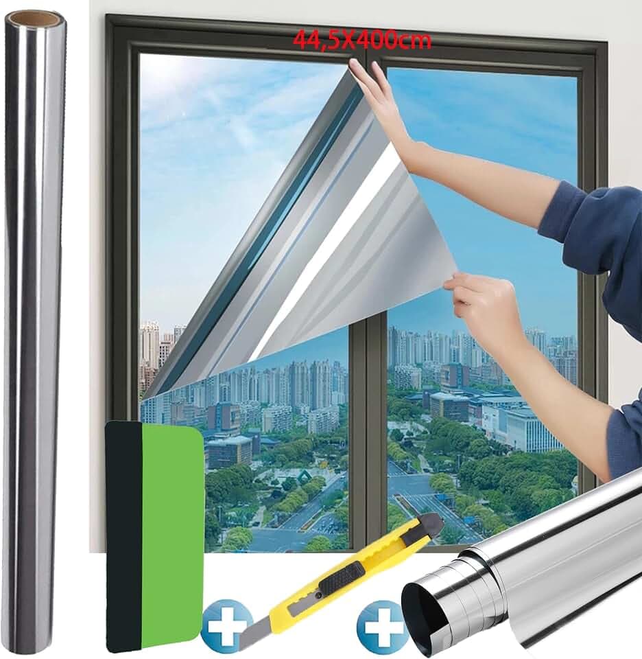 Fensterfolie Sonnenschutz, UV-Schutz Sonnenschutzfolie Fenster Innen Oder Außen, Selbsthaftend Silber Reflektierende Fensterfolie, Spiegelfolie Fenster Sichtschutz, Sonnenschutz Folie (44,5 x 400 cm)