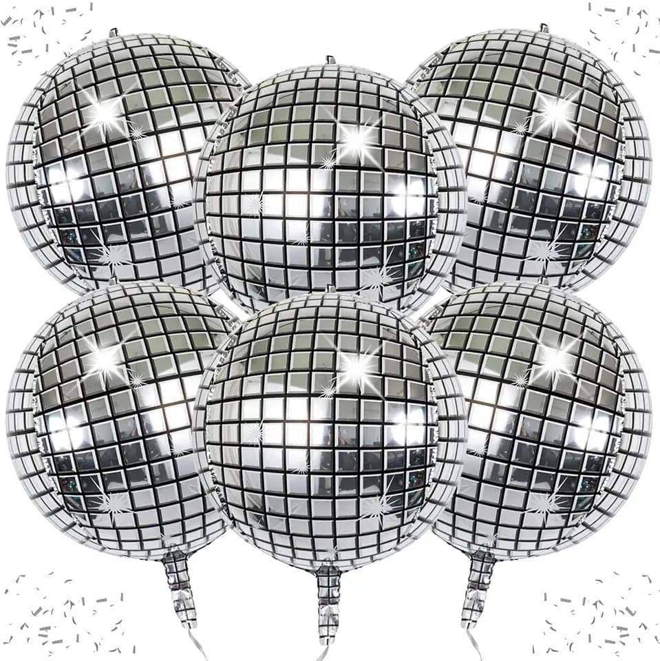 6-Pack 22 Inch Silver 4D Disco Ball Balloons - Decorations for 90s Dancing Queen Party
