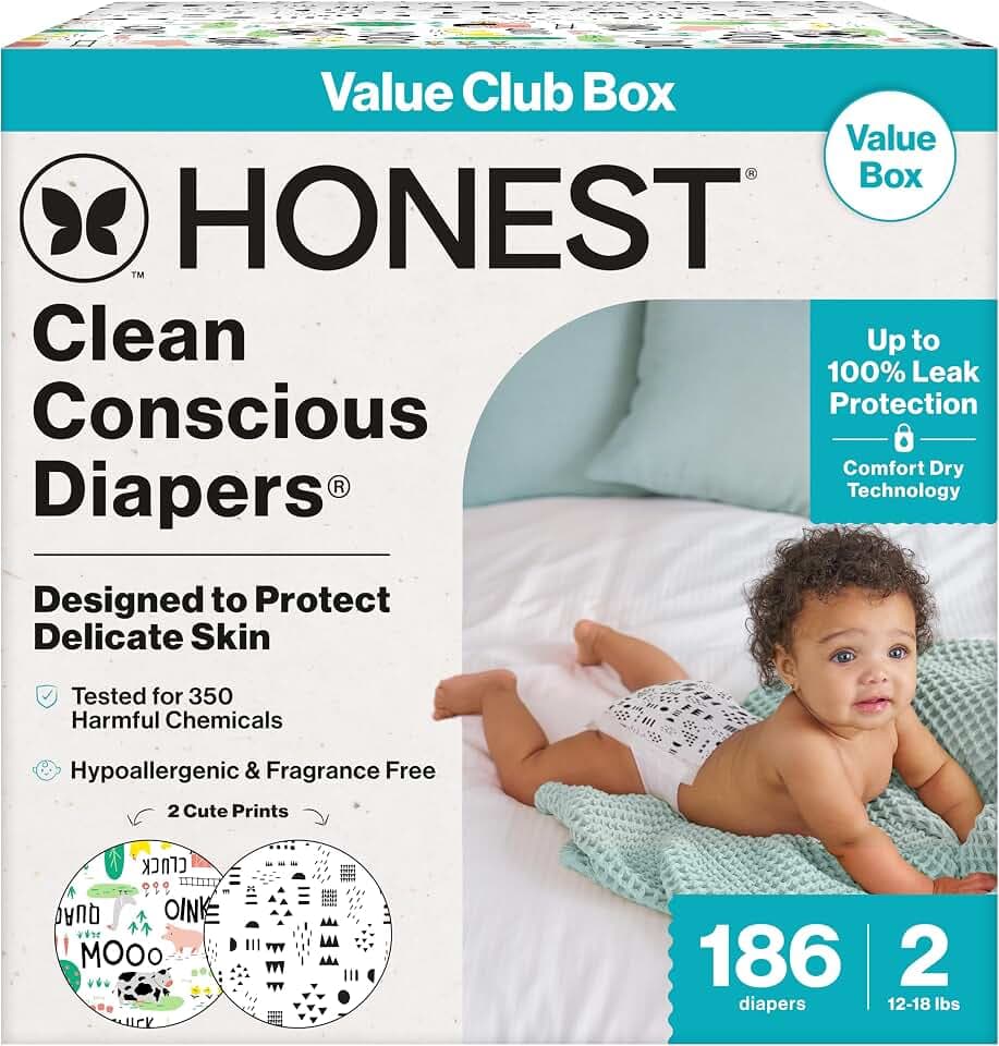 The Honest Company Diapers, Value Pack, Leak Protection, Size 2, 186 Count