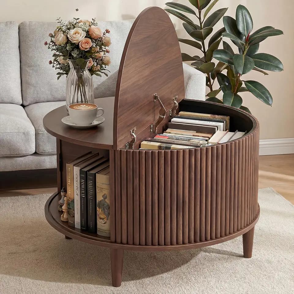 DUMOS Round Coffee Table with Storage, Mid Century Modern Table, Brown