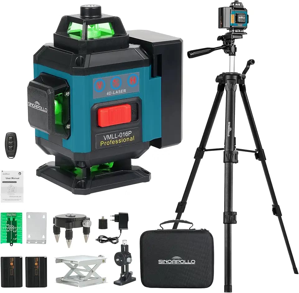 Kreuzlinienlaser mit Stativ, 4D 16 Linien 4x360° Grün Selbstnivellierend Laser Wasserwaage Set mit 1 m Stativ, Kreuzlaser für Bauarbeiten Montage, 2× 5200 mAh Typ-C Akkus