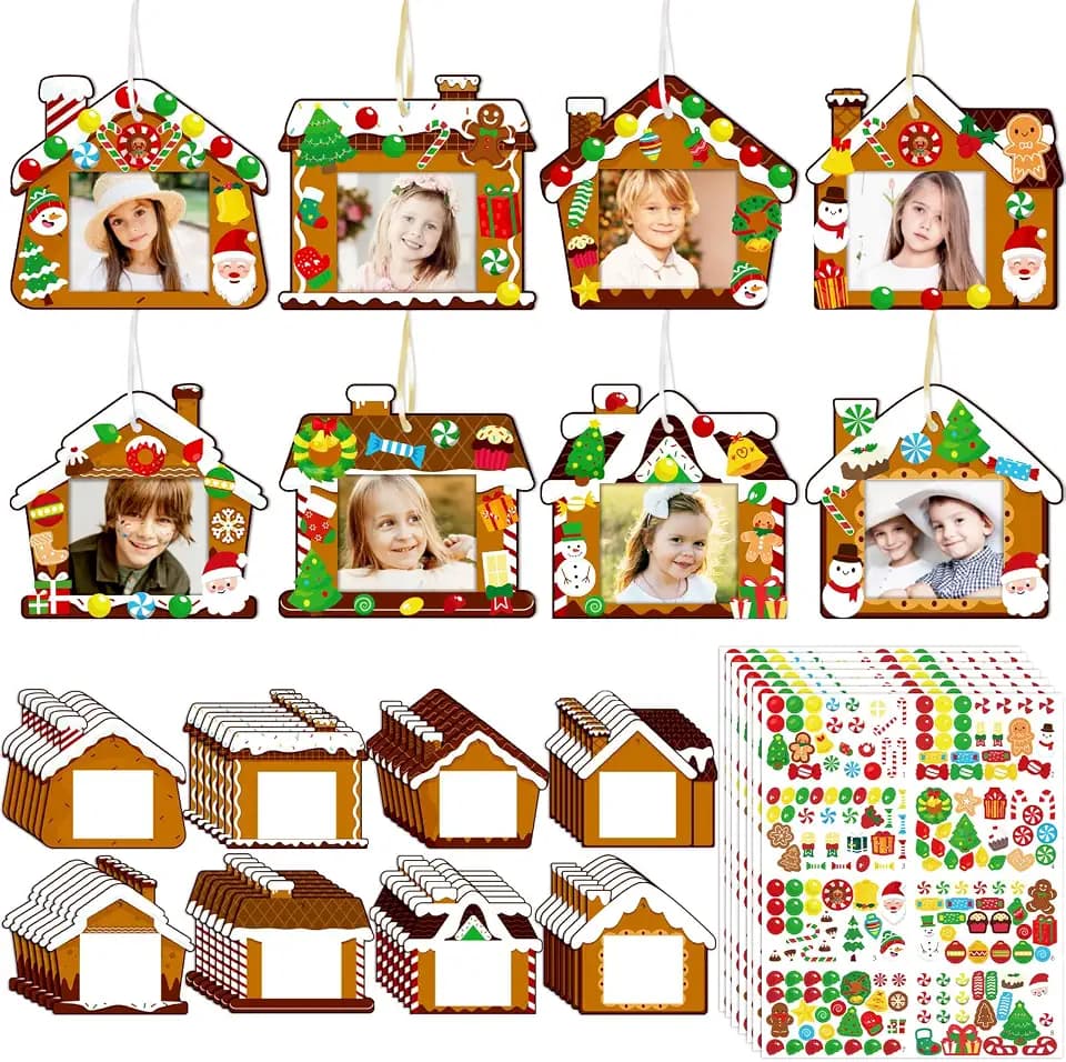 56Pcs Christmas Gingerbread House Picture Frame Crafts Kit - DIY Xmas Photo Ornaments Bulk Decorations for Winter Holiday Party Supplies Decor（Assembly Needed）