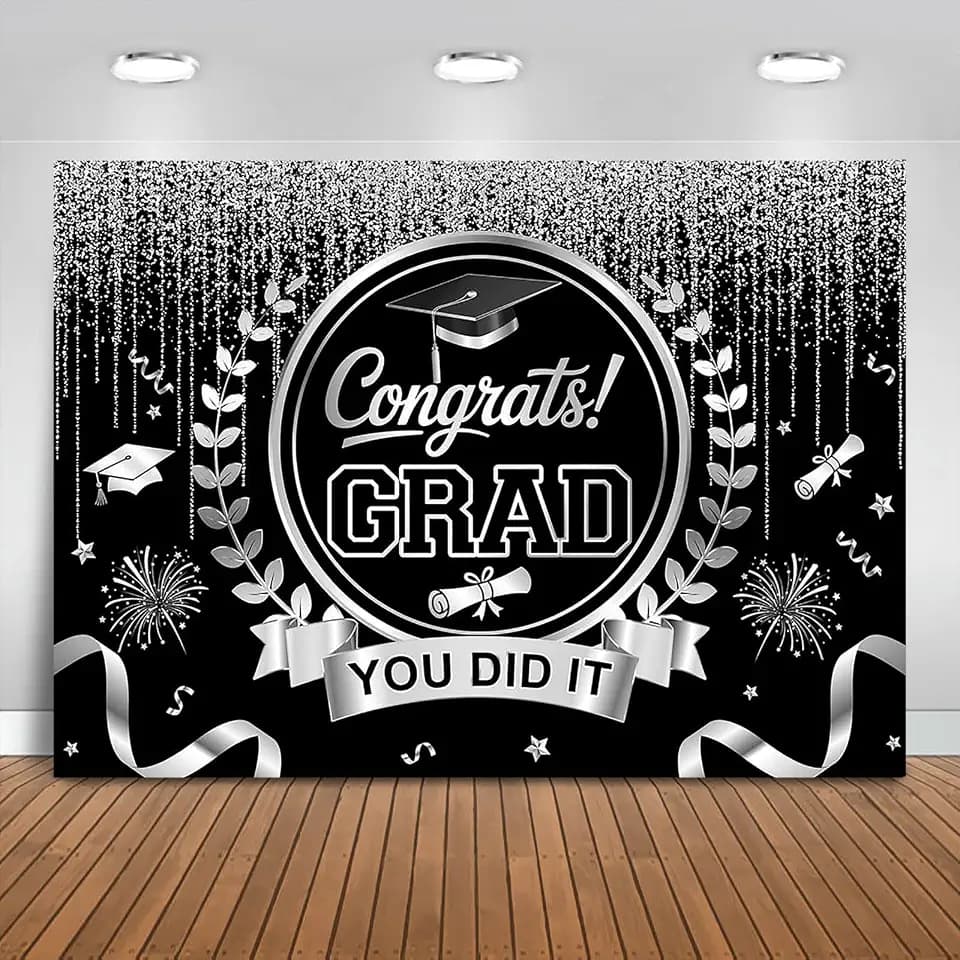 Graduation Backdrop Congrats Grad You Did It Party Decorations Background Congratulations Graduate Class of 2026 Banner Photo Booth Props (Black and Silver, 7x5ft)