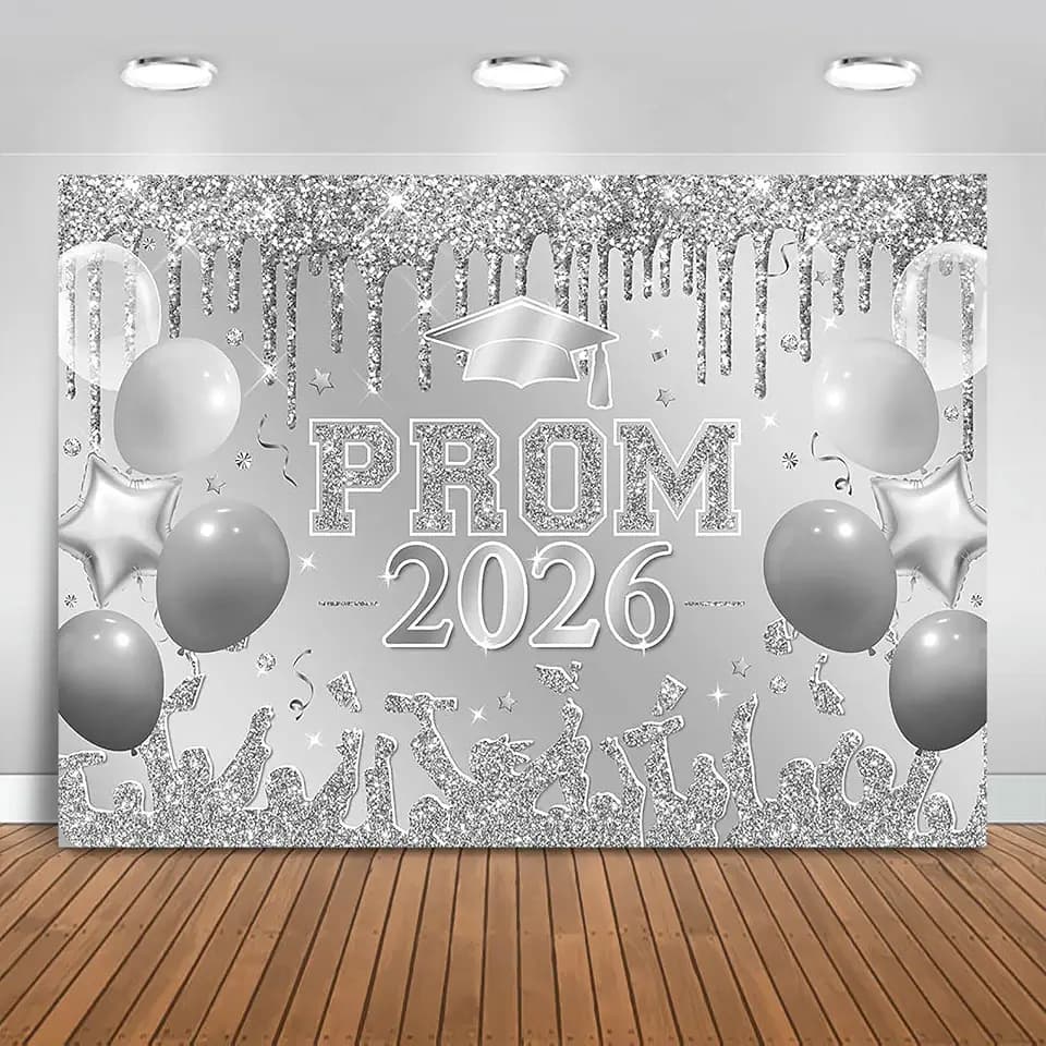 Silver Prom 2026 Graduations Backdrop Class of 2026 Congratulate Graduation Background Party Decorations 2026 Congrats Grad Banner Photo Booth Props (Silver, 8x6ft)