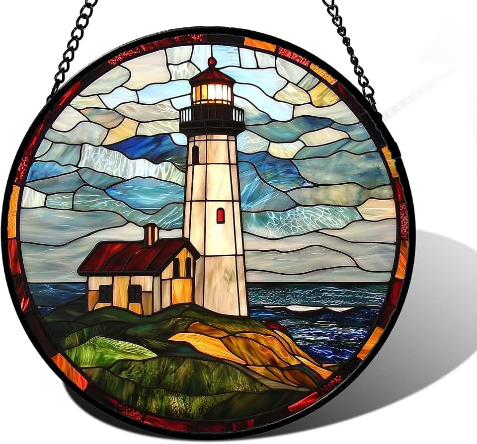 Ocean Lighthouse Stained Glass Window Hanging Suncatcher Gifts Decor 9.8"