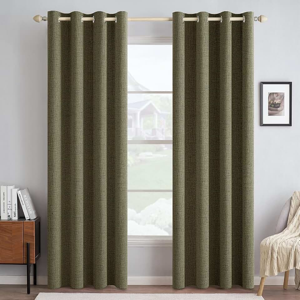 MIULEE 100% Blackout Linen Curtains for Bedroom 52x72 Light Olive Green