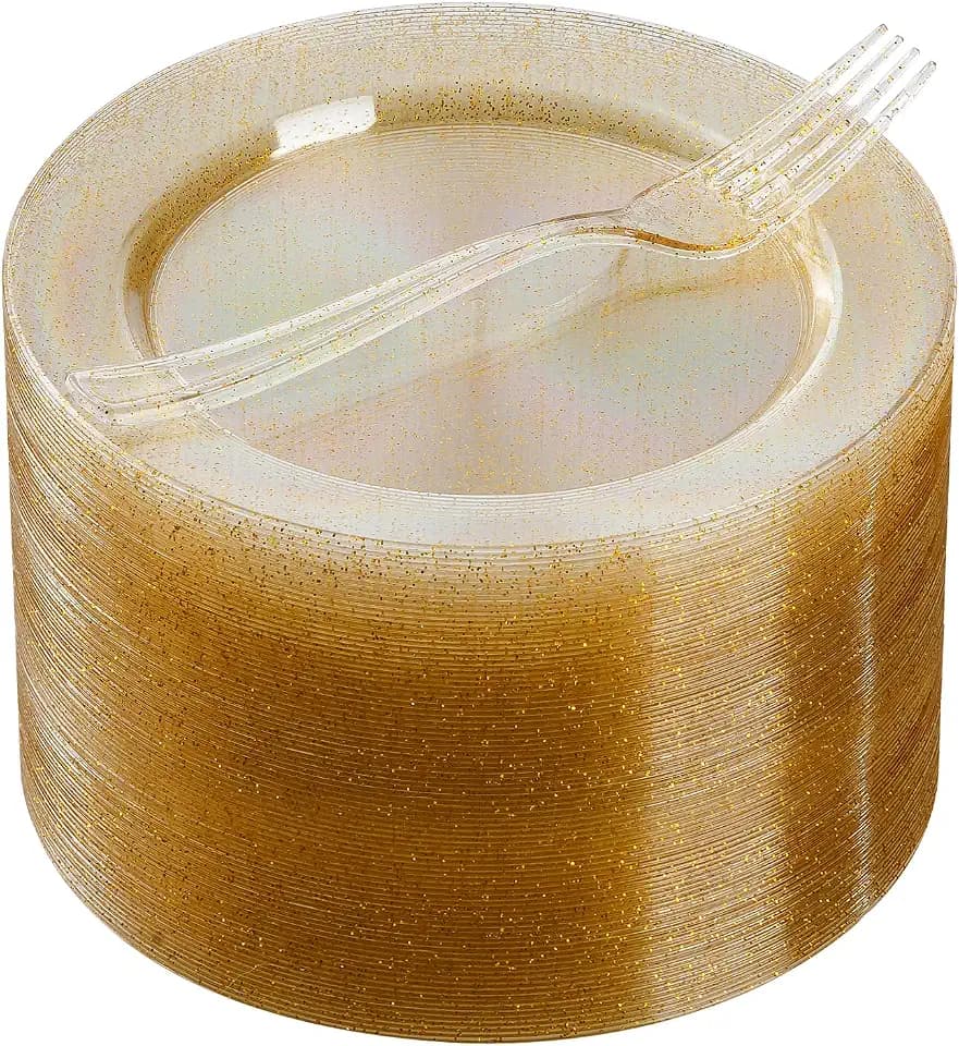 Goodluck 120Pcs 7" Round Gold Glitter Dessert Plates