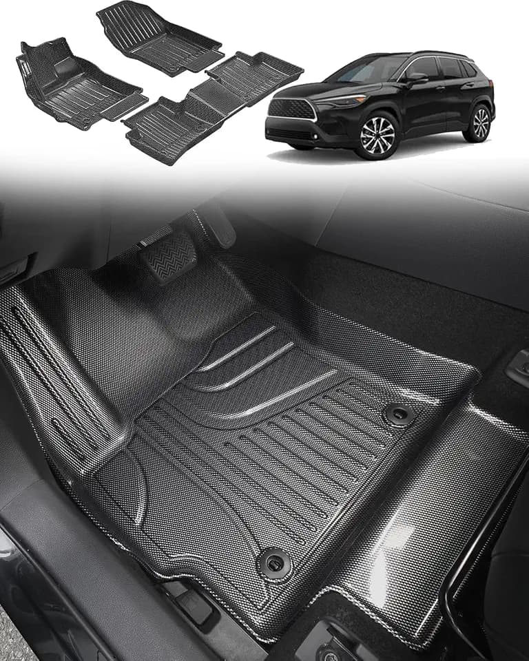 IKABEVEM Carbon Fiber Pattern Floor Mats Fit for 2022-2025 Toyota Corolla Cross FWD, TPE Rubber All Weather Car Mats, 1st & 2nd Row Floor Liners, Silver