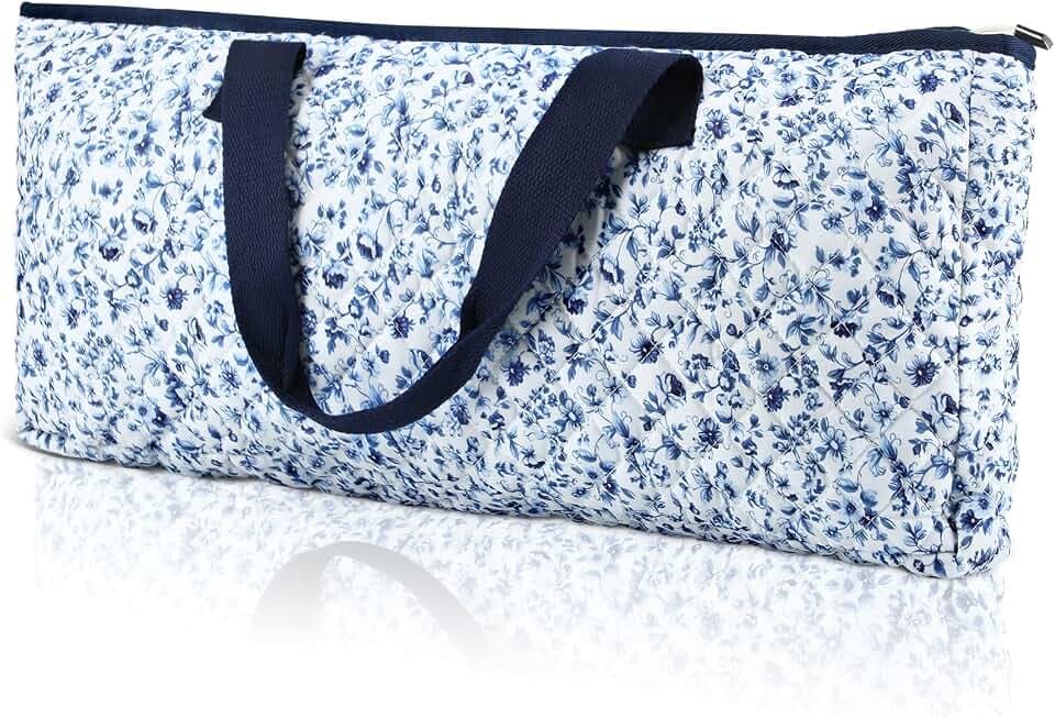 Quilted Mahjong Carrying Bag 21 x 9.8 x 3.1 Inches Portable Mahjong Bag American Tiles Bags Blue Printed Floral Quilted Carrying Organizer for Women Gift(Floral,Dark Blue)