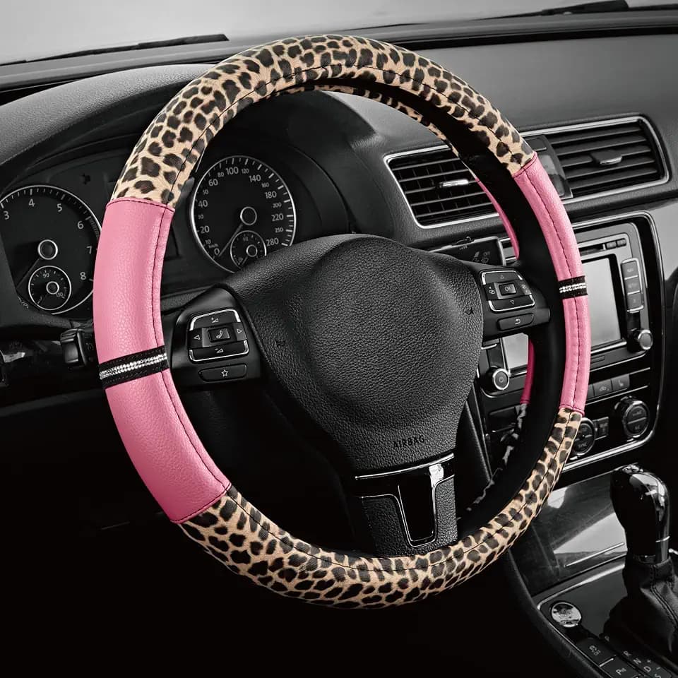 Road Comforts Leopard Steering Wheel Cover for Women, Cute Anti-Slip Premium PVC Leather, Universal Fit 14.5-15 Inch Round Steering Wheel - Pink