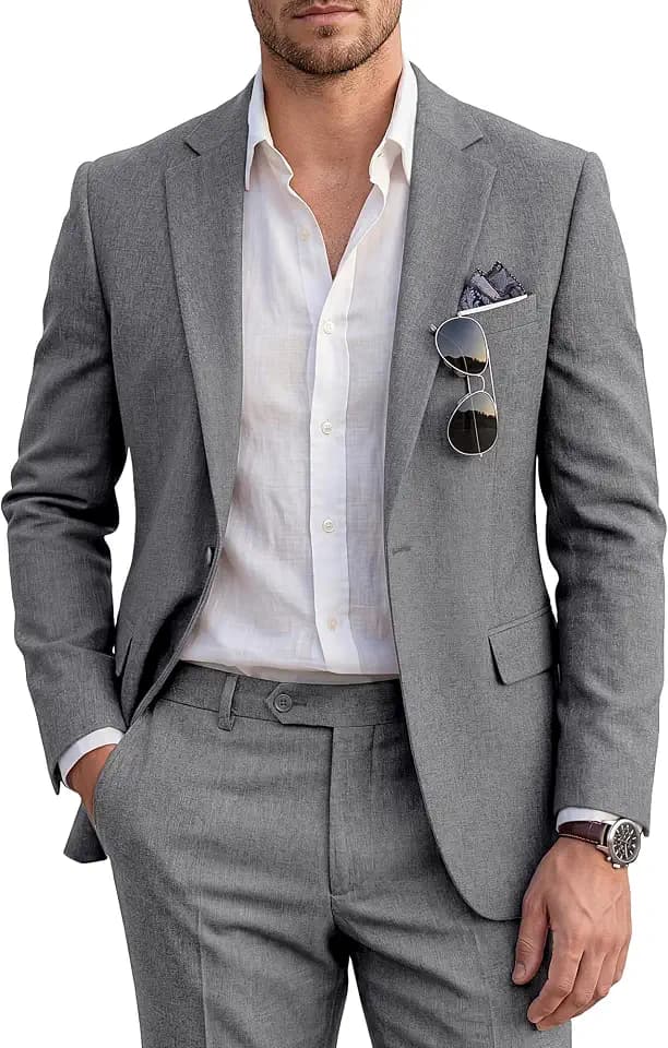 WULFUL Men's Slim Fit 2 Piece Suit, One Button Solid Blazer Business Party Jacket Pants Set