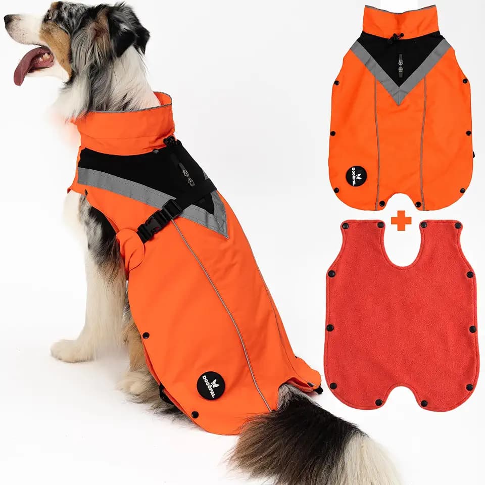 DOGOPAL 2in1 Allwetter-Hundemantel – Wasserdichter Hunderegenmantel mit herausnehmbarem Fleece – Regenmantel Hund für große, mittlere & kleine Hunde (Orange, 2XL)