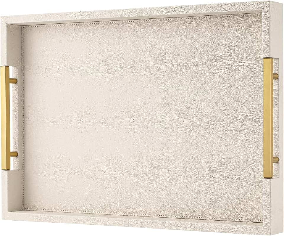 Beige Faux Leather Serving Tray with Handles – Large Decorative Tray for Coffee Table, Ottoman, Living Room, Bathroom – Home Decor