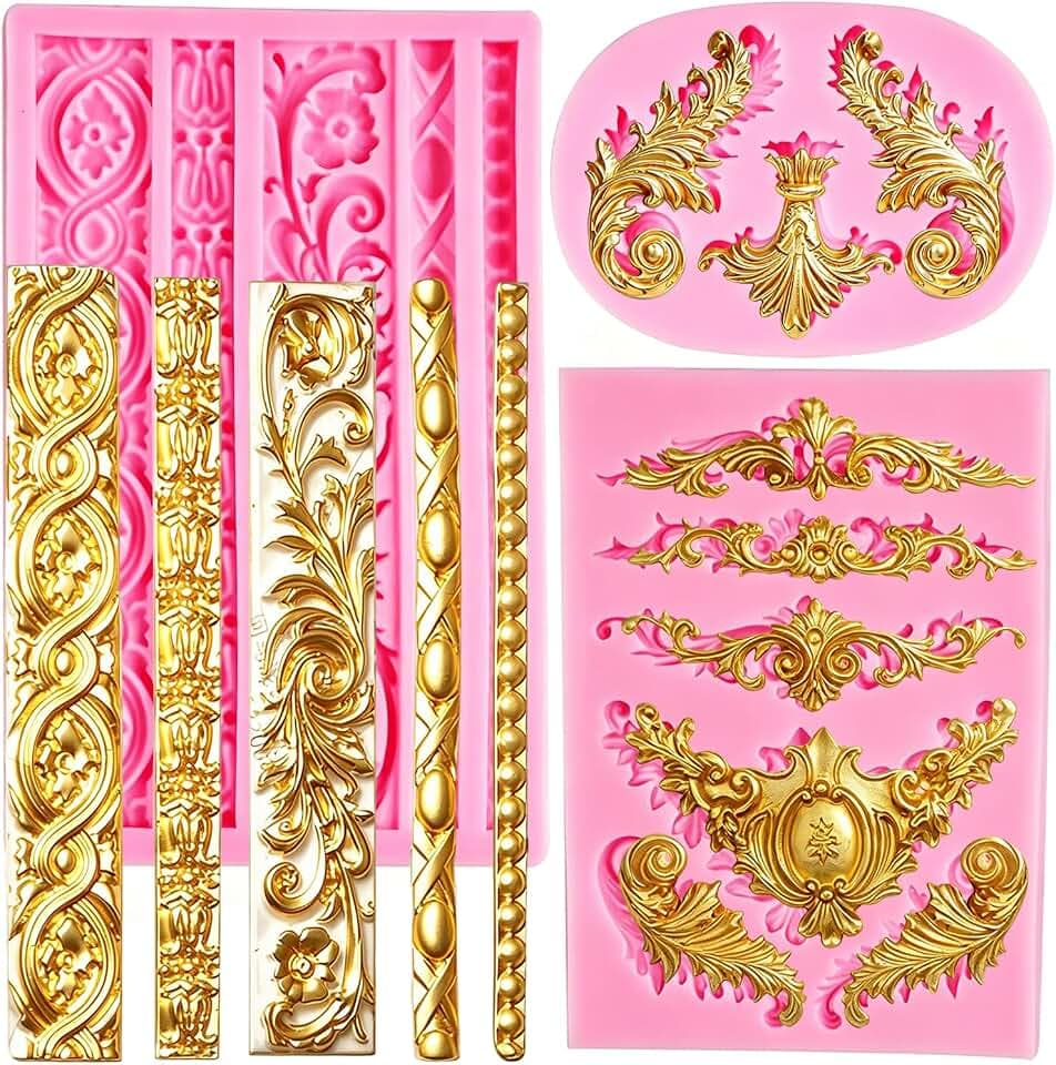 Silicone Fondant Molds, AIMEIKI 3 Pack 3D Baroque Fondant Molds Scroll Border Lace Silicone Molds Curlicues Gum Paste Candy Chocolate Molds for Birthday Wedding Party DIY Cake