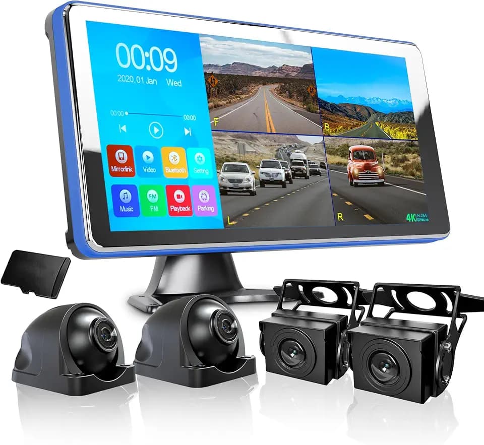 ASLONG 4K Backup Camera 4CH Dash Cam with 10.36" Quad Split Touch Screen