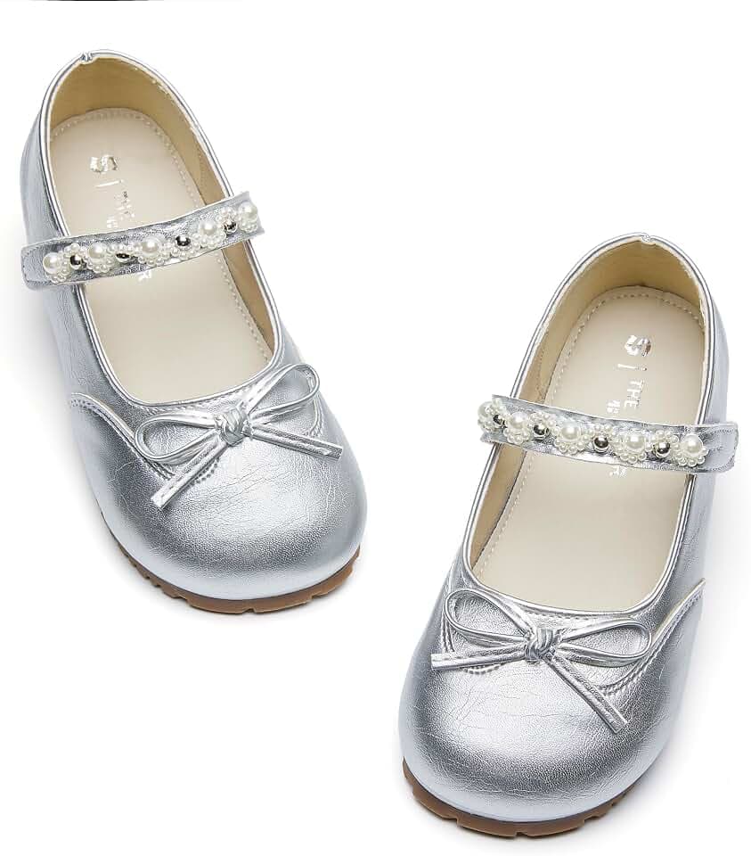 Girls Mary Jane Dress Shoes Pearl Bow Flats Single Strap Little Big Kids