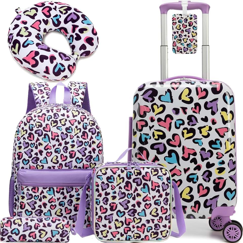 Kids Luggage with Spinner Wheels 5 Piece Carry on Suitcases for Girls Backpack with Lunch Box Pencil Case 16" Toddler Suitcase Set Airline Approved (Bainbow Leopard)